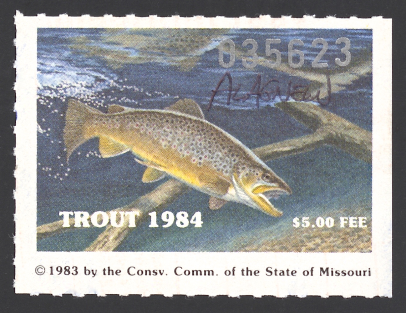 1984 Missouri Missouri Trout Stamp signed by Al Agnew