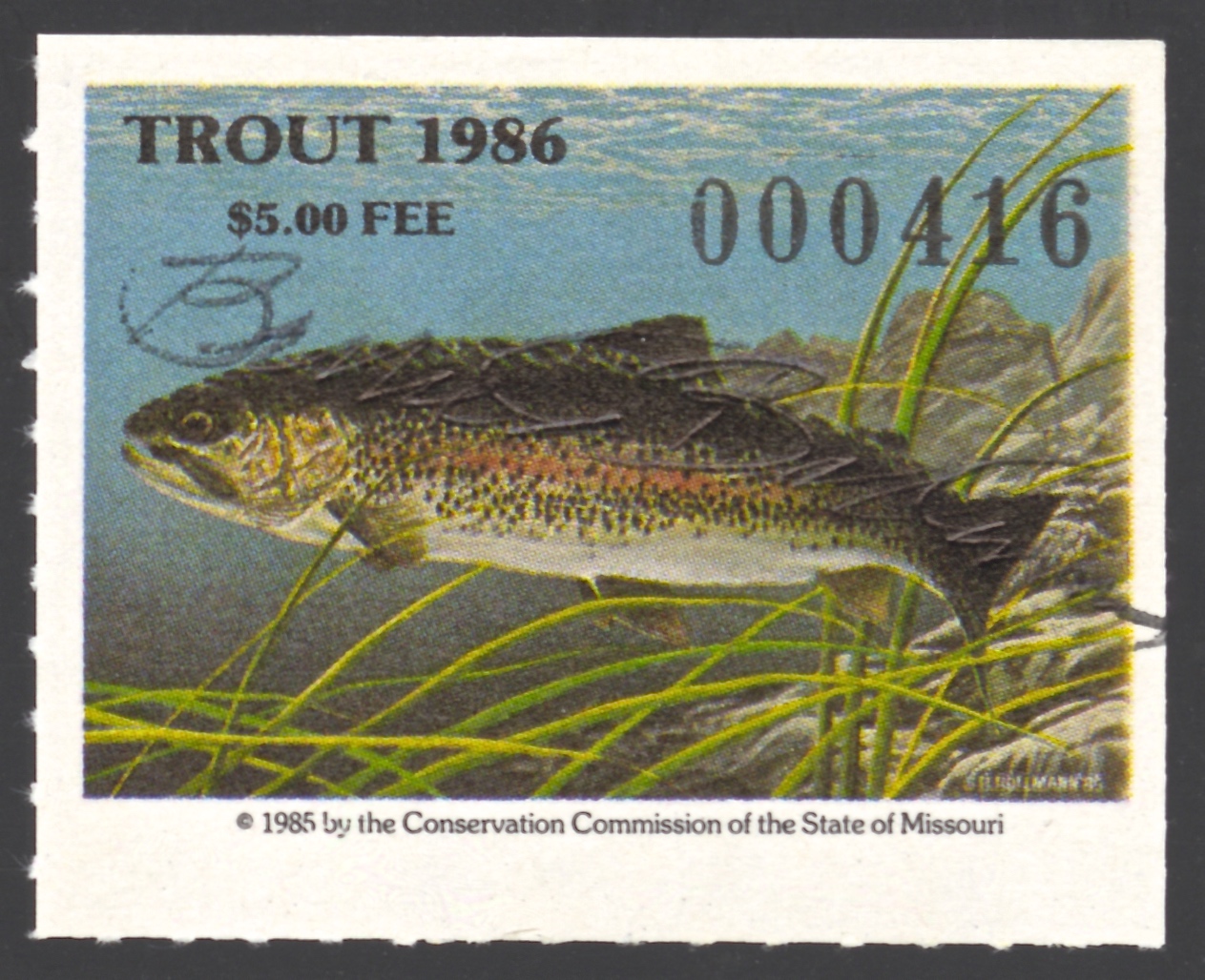 1986 Missouri Missouri Trout Stamp signed byBruce Bollman