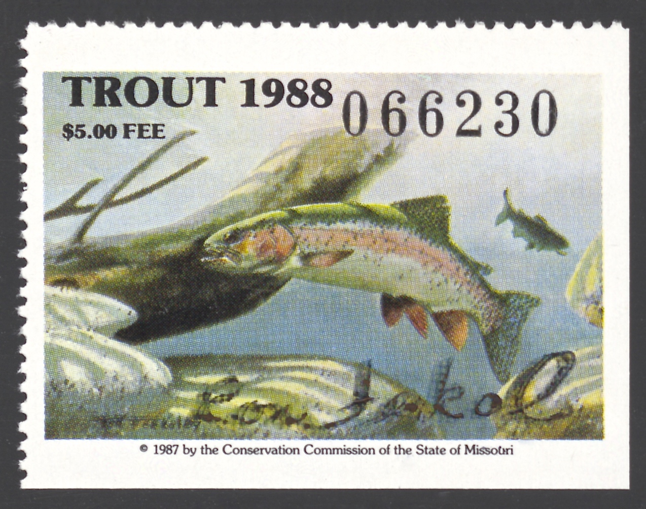 1988 Missouri Missouri Trout Stamp signed by Ron Ferkol