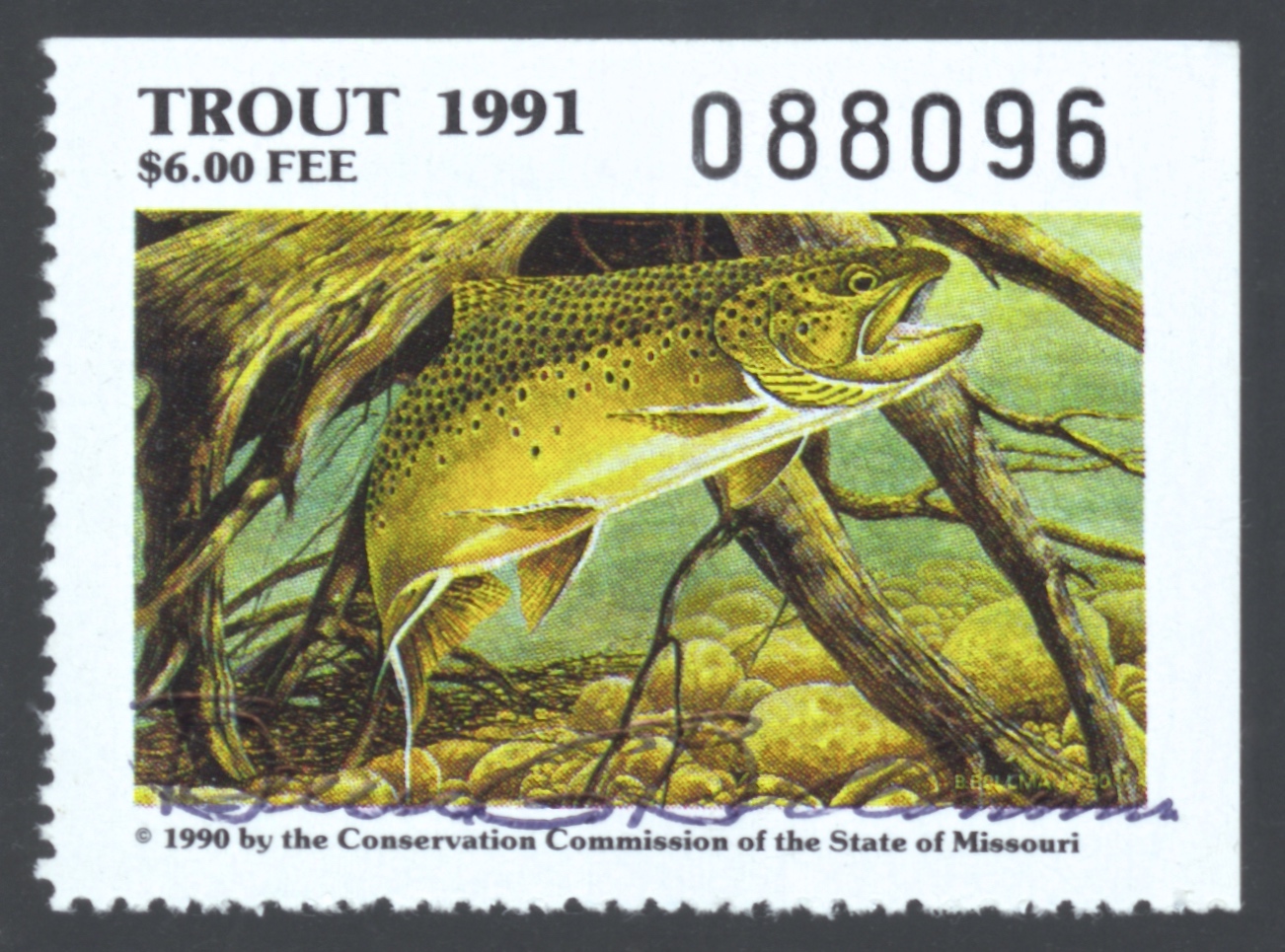 1991 Missouri Missouri Trout Stamp signed byBruce Bollman