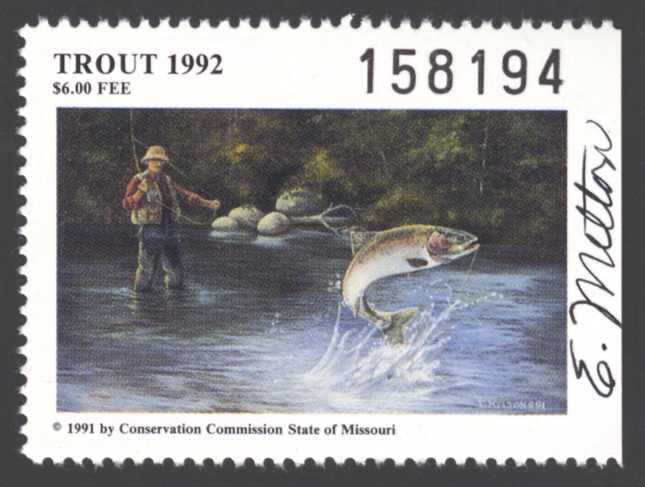1992 Missouri Missouri Trout Stamp signed by Eileen Melton