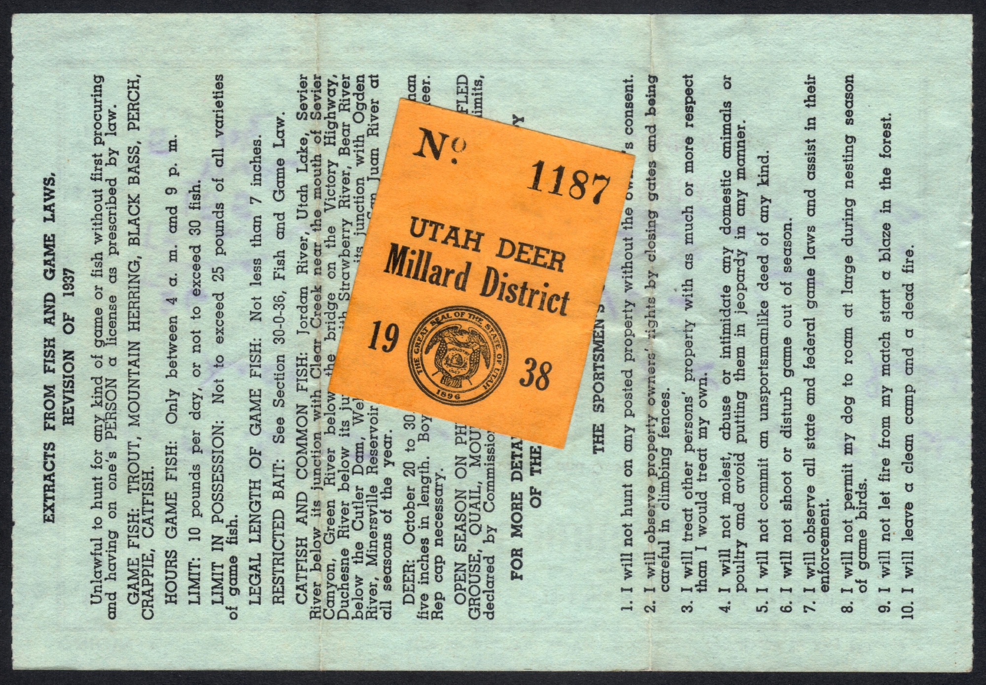 1938 Utah Deer - Millard District on license