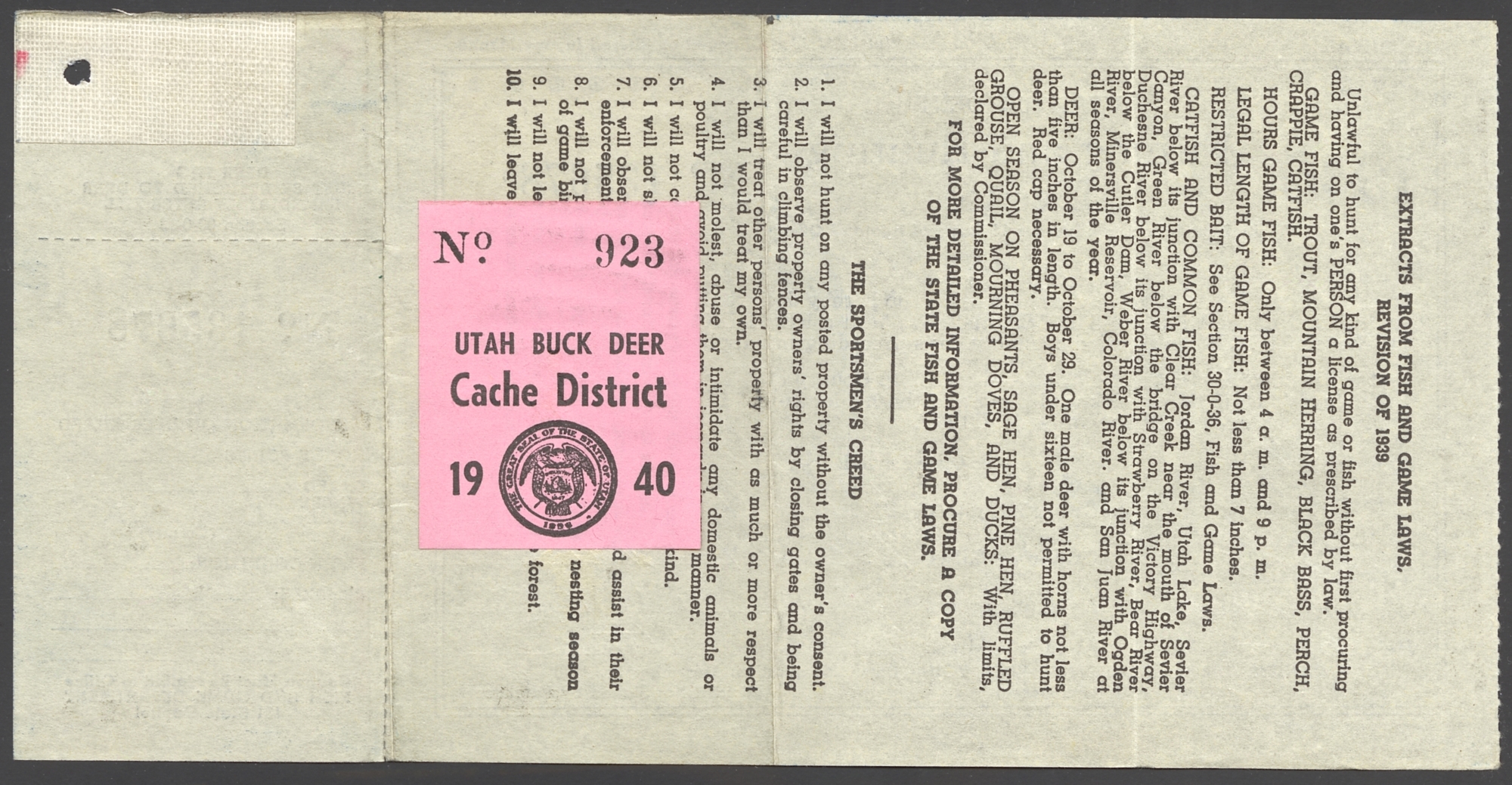 1940 Utah Buck Deer - Cache District on license