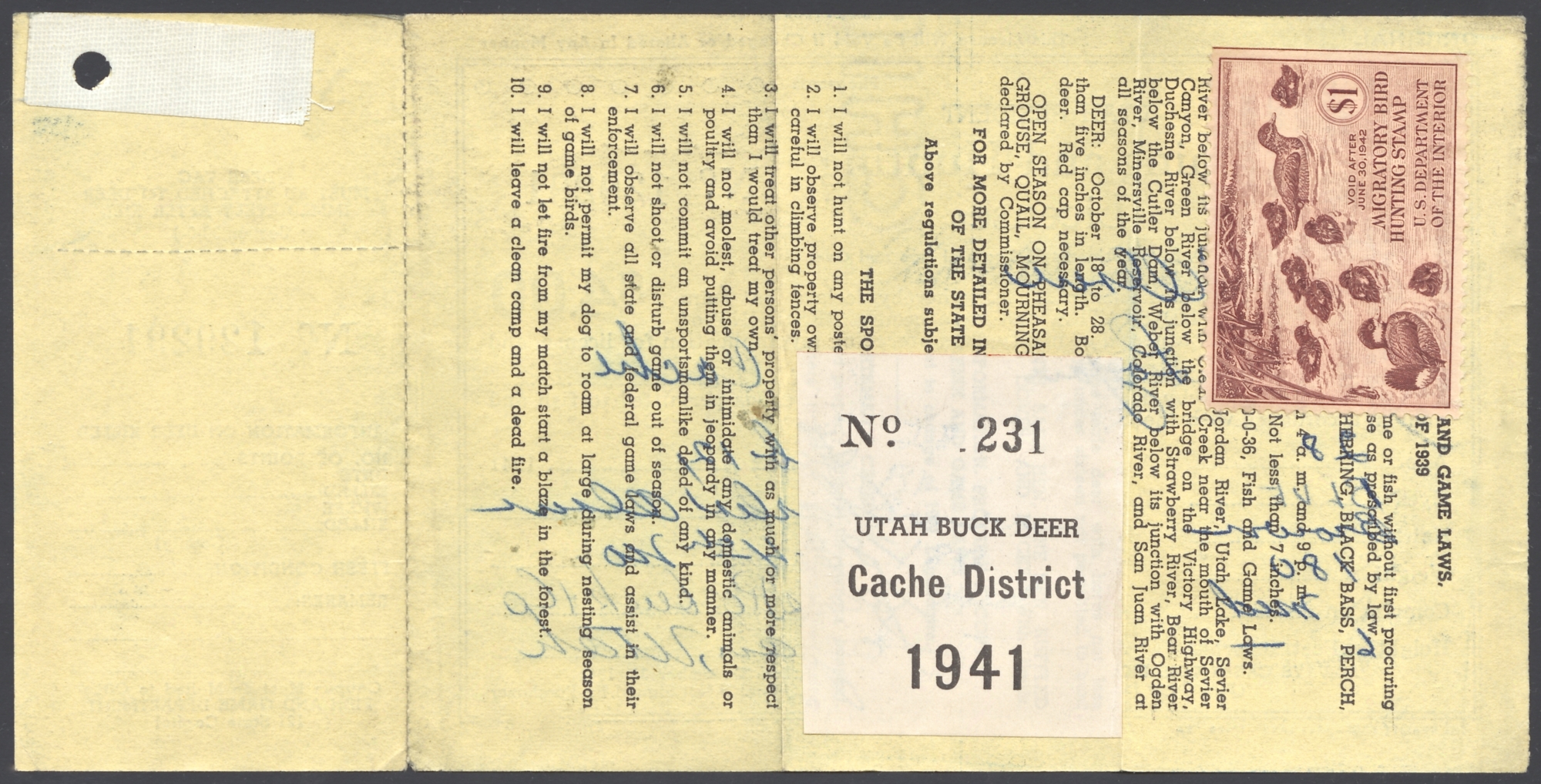 1941 Utah Buck Deer - Cache District on license with 1941-42 Federal Waterfowl Stamp 
