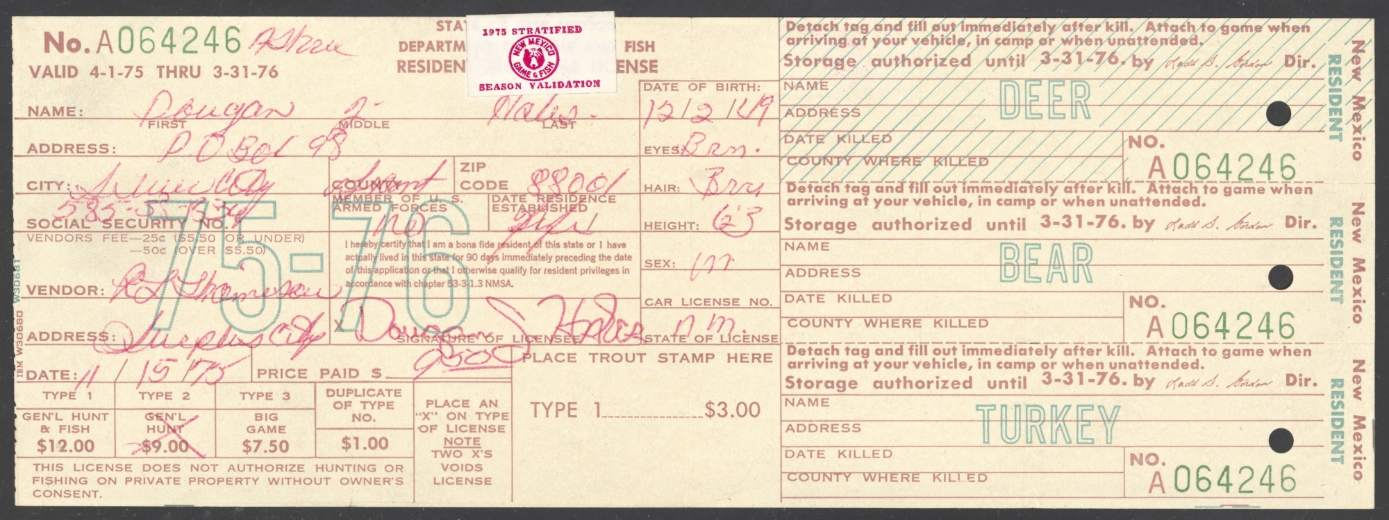 1975 New Mexico Stratified Season used on 1975-76 license