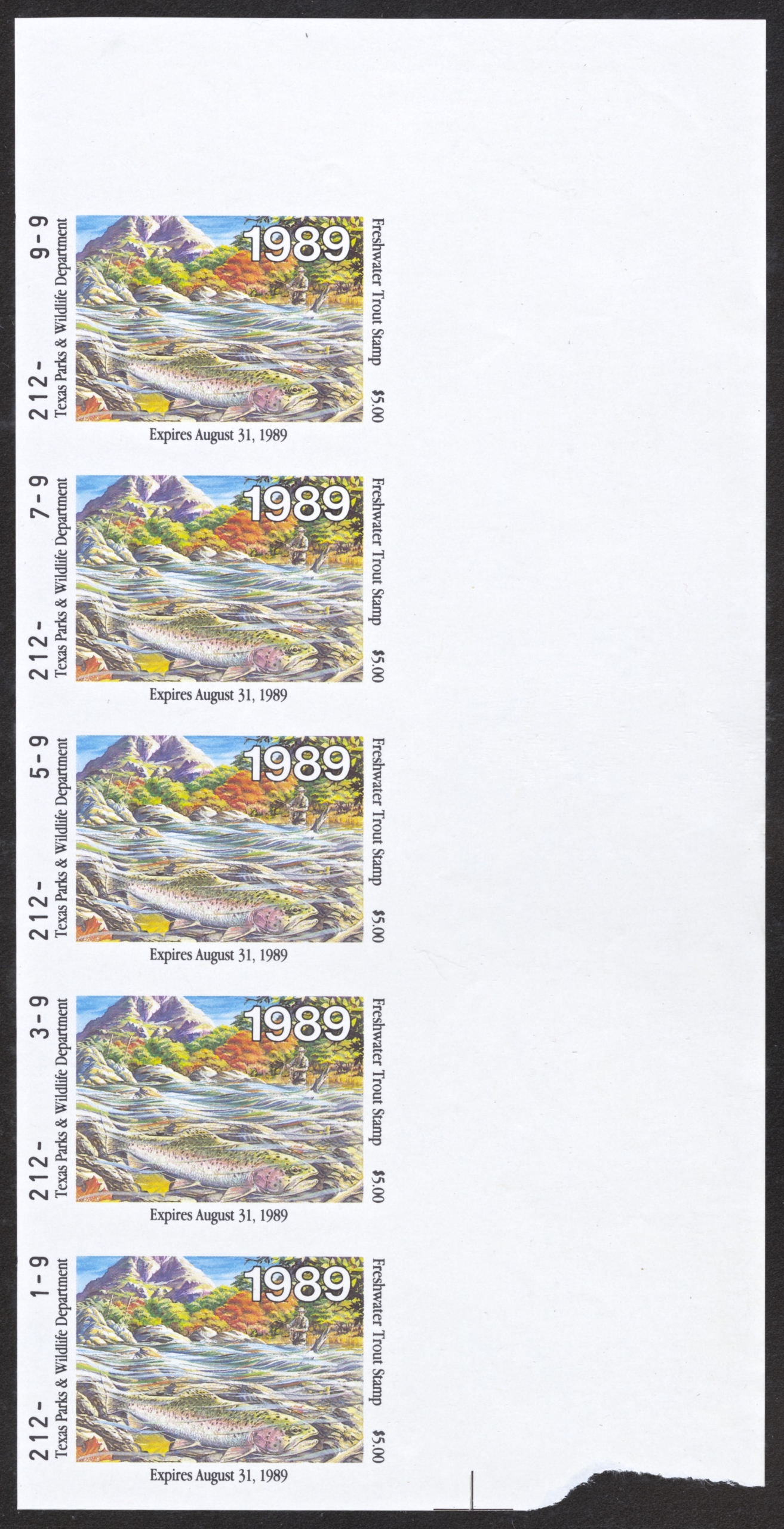 1989 Texas trout proof strip of five Waterfowl Stamps and More