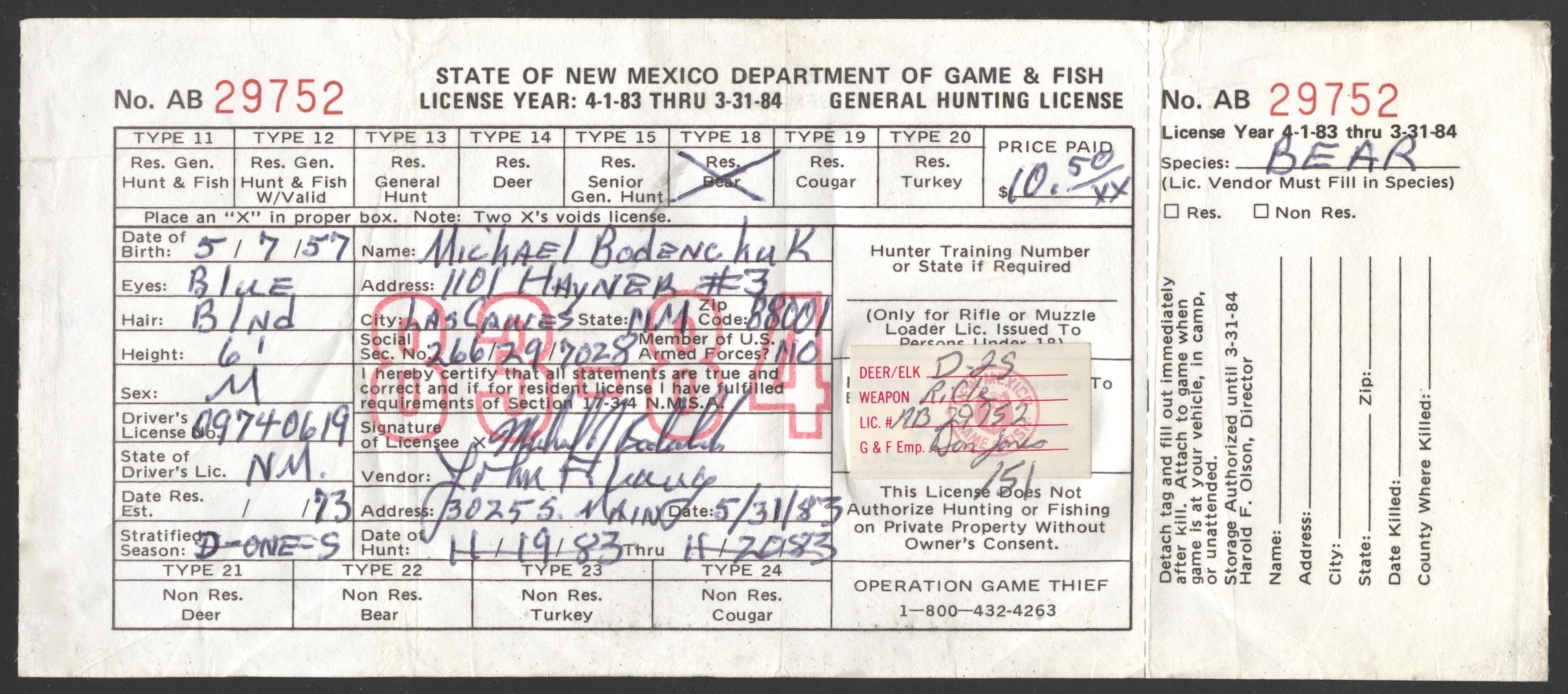 Mid 1980s New Mexico Stratified Season used on 1983-84 Resident Bear license