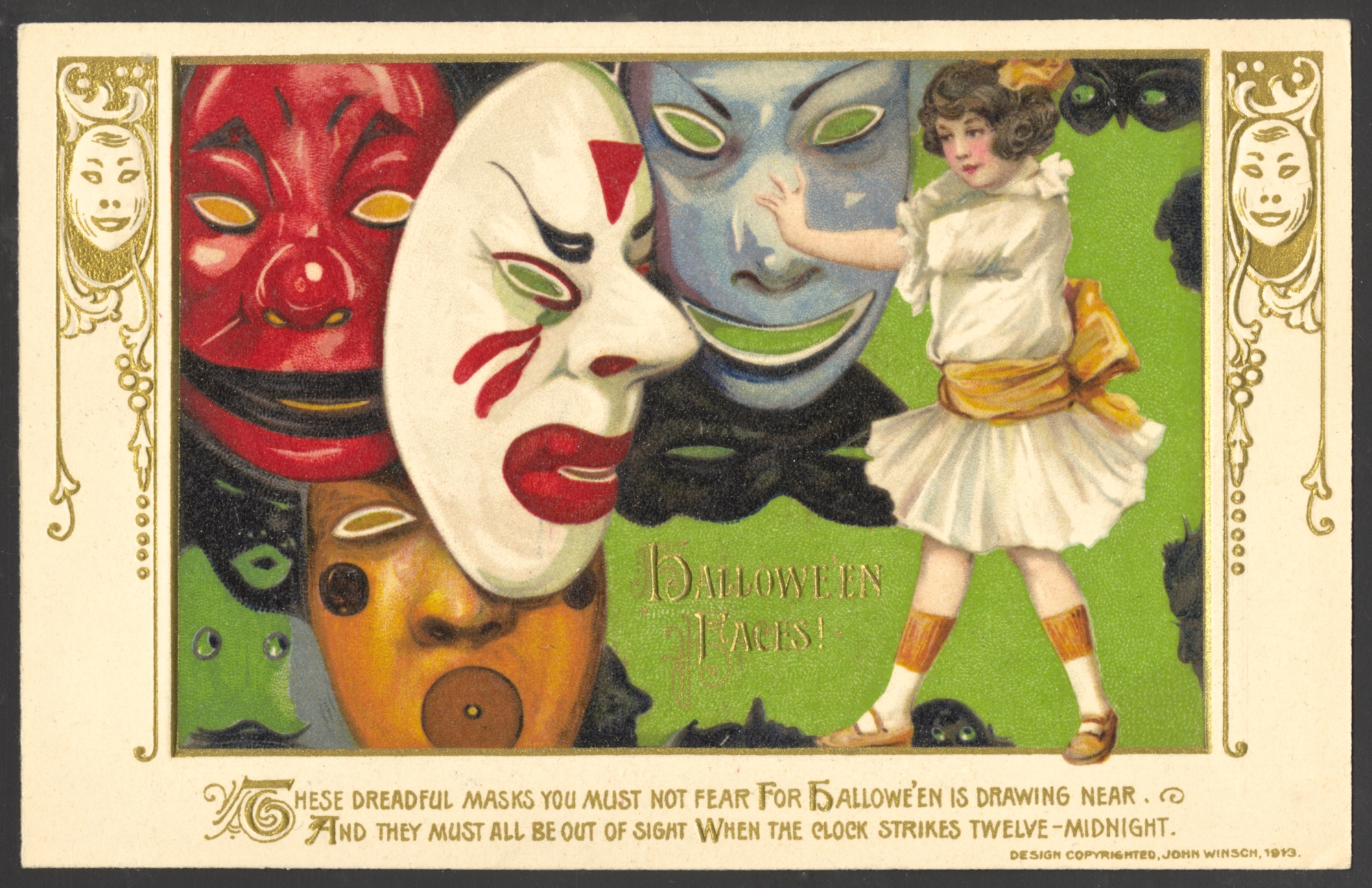 Winsch Halloween Postcard (mask set) copyright 1913
