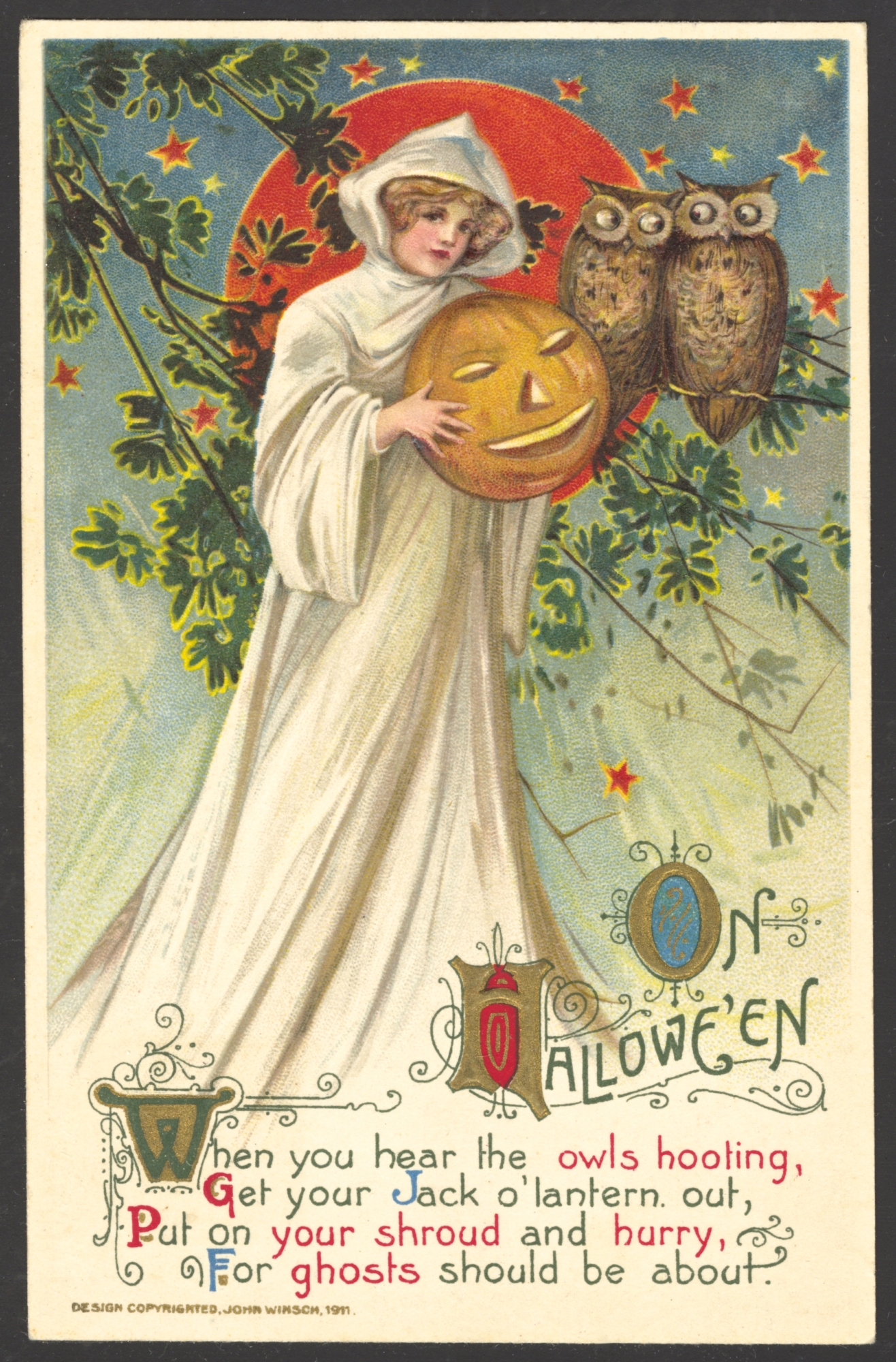 Winsch Halloween Postcard copyright 1911 variety - copyright in brown ink; darker red and lighter blue inks